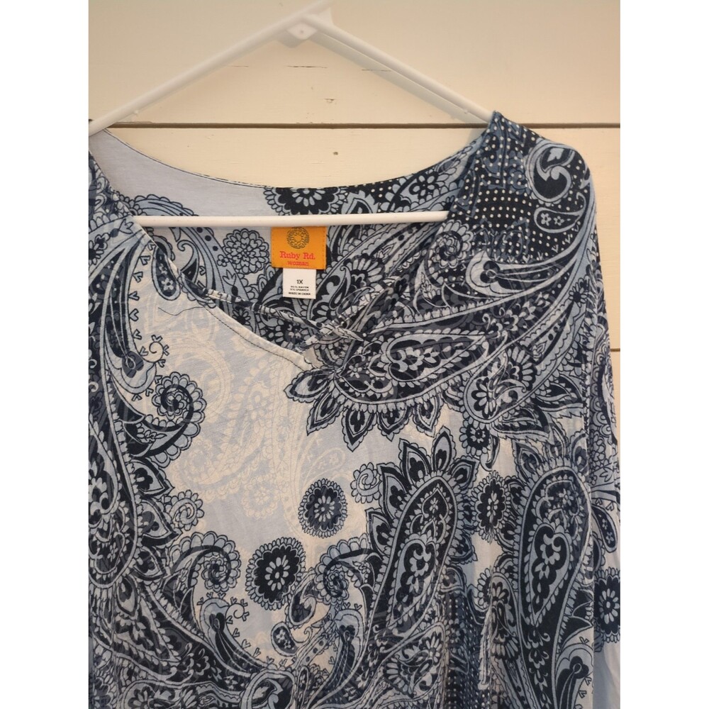 Ruby road 1X rayon spandex blend blue Paisley tunic top fall winter
